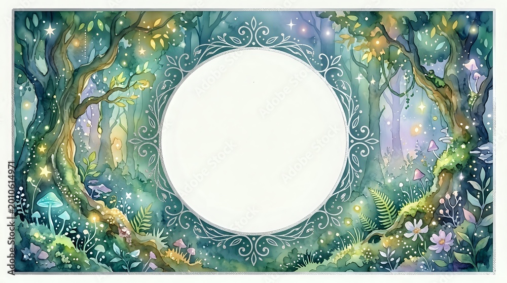 Obraz premium Enchanted forest frame with mystical vines, flowers and magical elements surrounding circular white space for text or design on fantasy background.