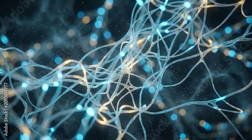 Abstract neural network connections with glowing nodes and synapses in blue and gold tones for technology and artificial intelligence concepts.