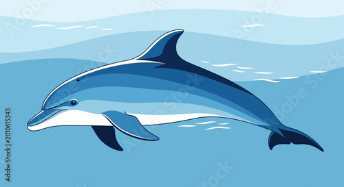 Obraz na płótnie A dolphin swims in the ocean with its dorsal fin and tail visible above the water surface