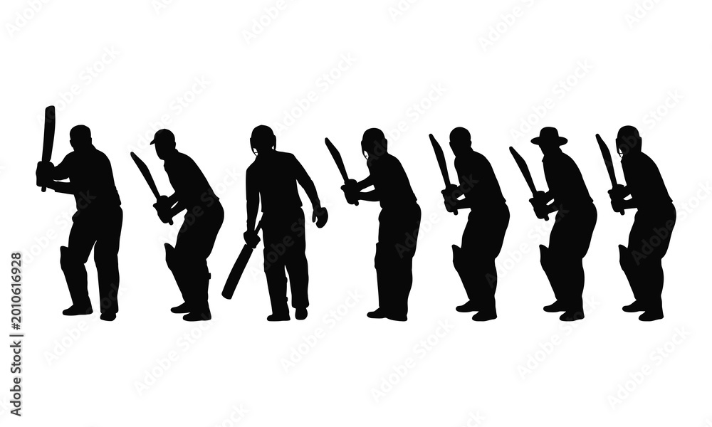 Fototapeta premium Collection of cricket player silhouettes in batting stance and action poses for sports design