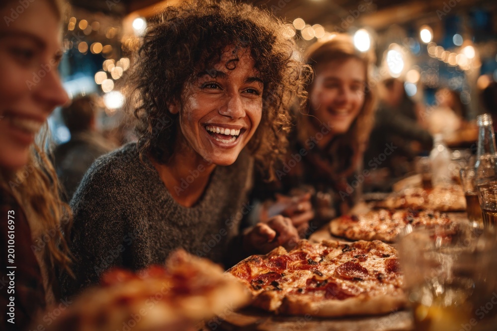 Naklejka premium Joyful friends sharing pizza at cozy restaurant
