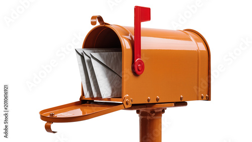 Fotografie Orange metal mailbox with red flag and letters, isolated on transparent backgrou