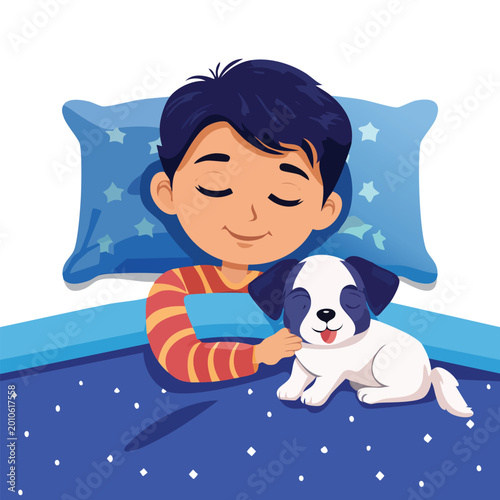 Child and puppy sleeping together illustration peaceful bedroom scene