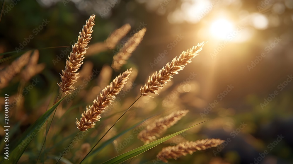 Fototapeta premium Golden hour sunlight illuminates ripe wheat stalks in a tranquil natural meadow scene