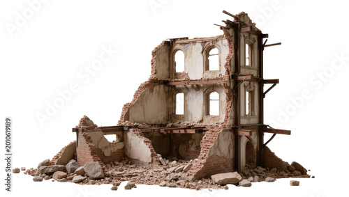 Bild auf Leinwand Dilapidated brick building ruins with arched windows, isolated on transparent ba