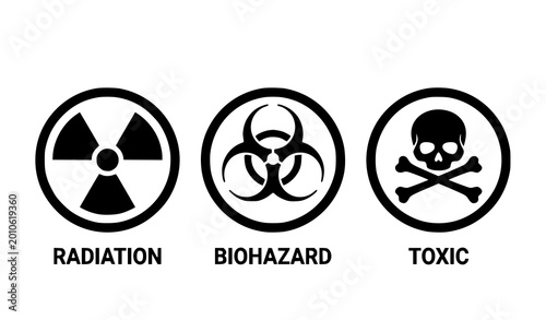 Comprehensive collection of hazardous material warning icons featuring black and white vector symbols for radiation biohazard and toxic substances.