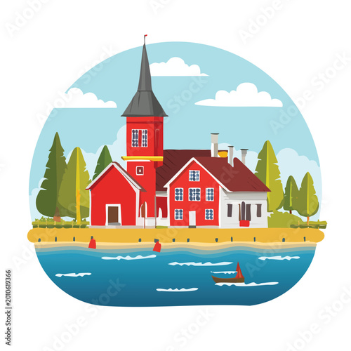 Cartoon illustration of a red building near water with trees and boat