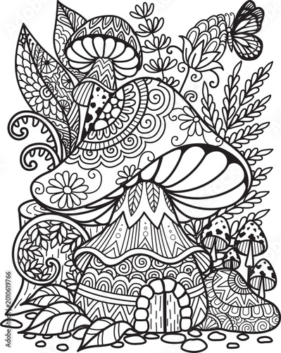 Abstract mandala mushroom tiny house and small mushroom growing on stump surrounded by leaves and flowers. Vector illustration.Coloring page size 8.5x11.