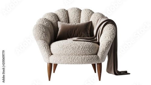 Foto Fluffy cream armchair with brown pillow and draped throw, isolated on transparen