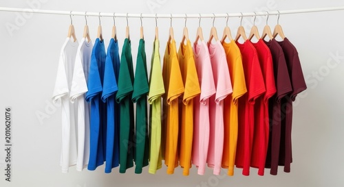Rainbow colored t-shirts hanging on a rack in a gradient order against a white background