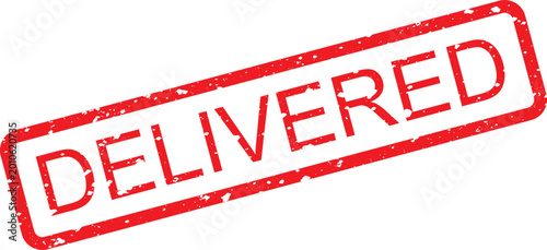 Red grunge rubber stamp impression with the word delivered in a rectangular border on white