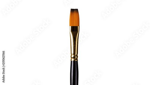 Photography Flat artist paintbrush with golden ferrule and black handle, isolated on transpa