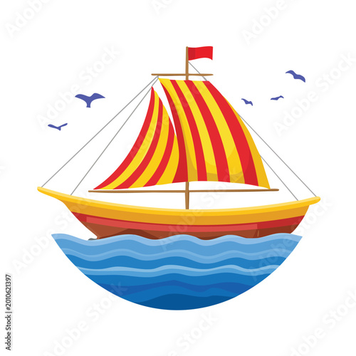 Colorful sailboat sailing on the ocean with seagulls illustration