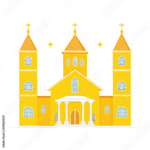 Cartoon church illustration with yellow color and cross towers design