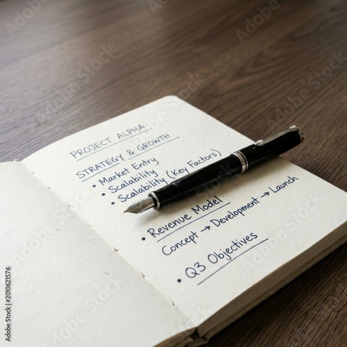 Open notebook with business strategy notes and fountain pen on wooden desk, project planning concept