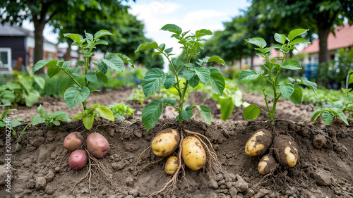 Freshly harvested potatoes growing in a garden with green foliage