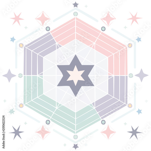 Abstract geometric design with colorful hexagon and star elements