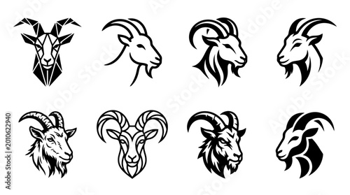 Collection of goat head silhouettes and illustrations.