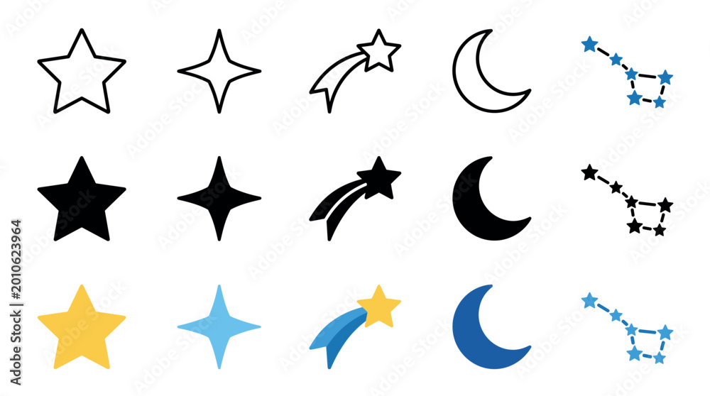 Fototapeta premium Celestial icons collection featuring various stars, moons, and constellations in outline, solid, and colored styles for design projects and web elements.