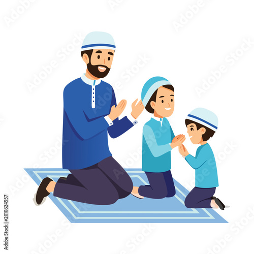 Father with two children praying on a mat in flat vector illustration