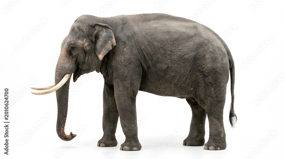 Fototapeta premium Large African Elephant Standing in Side Profile Isolated on White Background, Wildlife Animal and Conservation Concept