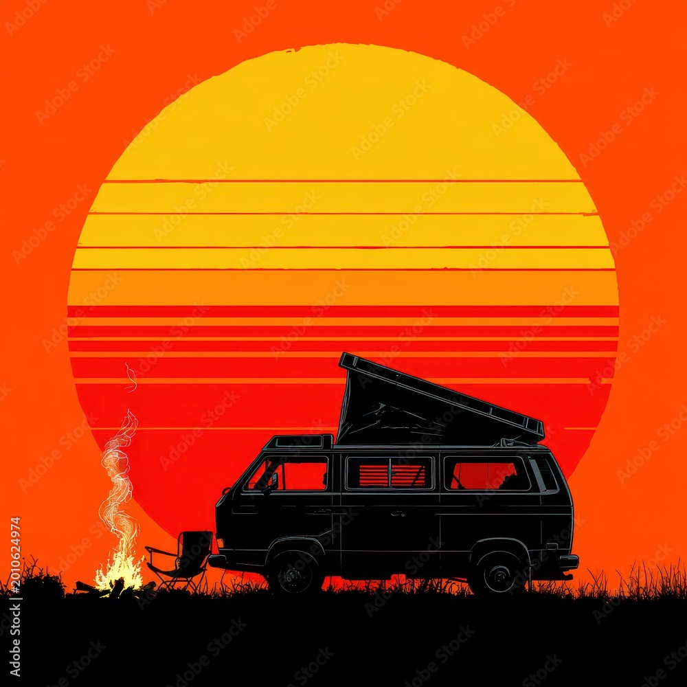 Obraz premium Silhouette of a camper van with a pop up roof parked next to a small campfire against a large stylized sunset background in a retro graphic art illustration style