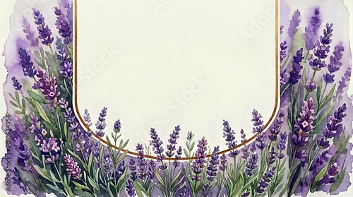 Watercolor lavender flowers frame with empty space for text on textured paper background for wedding invitations and greeting cards.