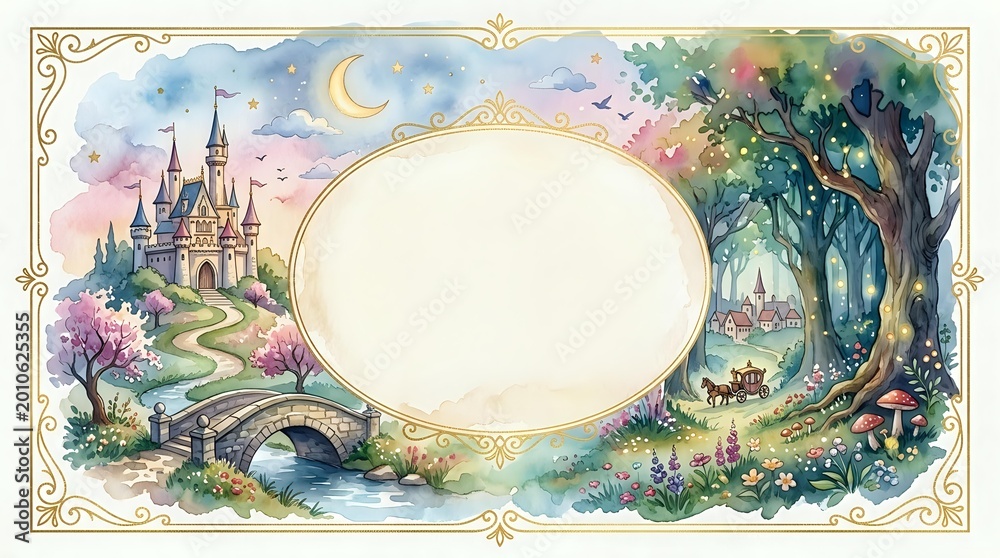 Obraz premium Watercolor fairy tale landscape with castle, bridge and magical tree featuring ornate oval frame for text or design elements on enchanted background.