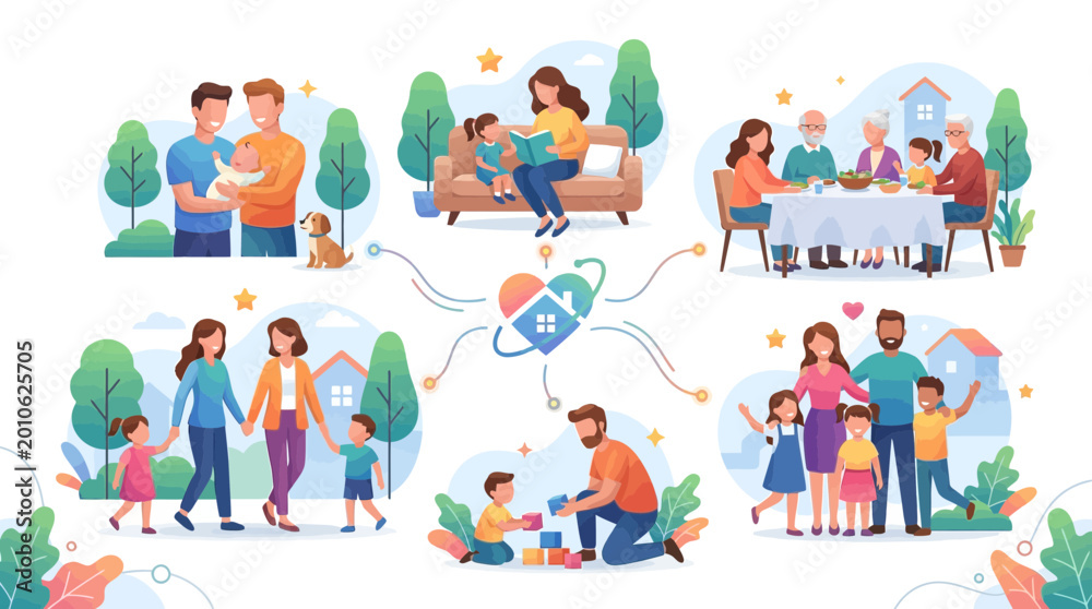 Fototapeta premium Vector illustration of diverse family scenes with love and connection
