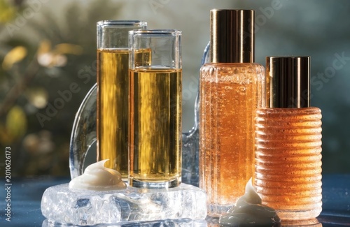 Luxury cosmetics without branding: tubes and bottles against a neutral background, soft shadows