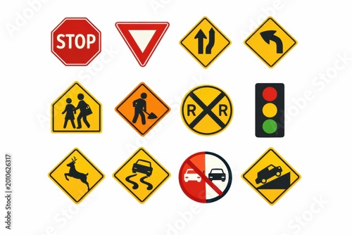Free Download Various types of traffic signs are displayed to inform drivers and pedestrians about important rules and warnings in different situations. - GFXLoad