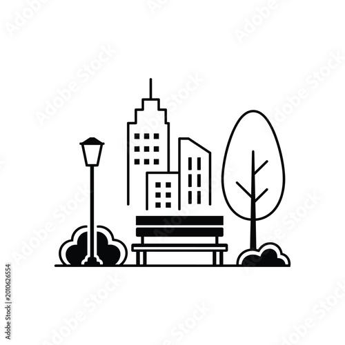 Urban park bench icon with urban park bench for Eco Urbanism green public space design
