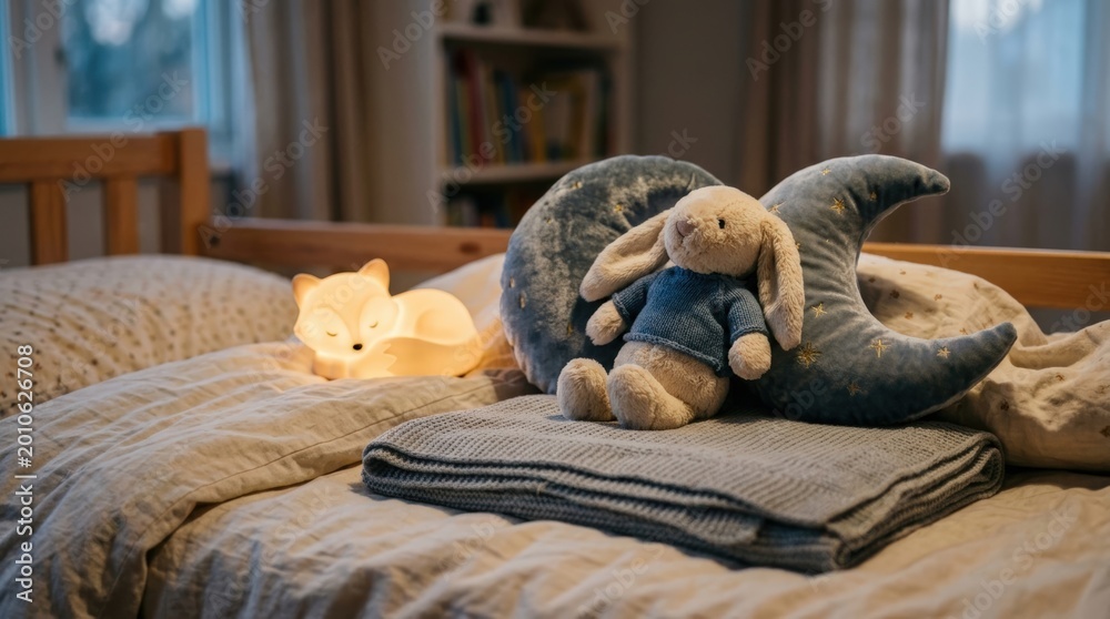 Fototapeta premium Calming bedroom still life with nightlight and plush toy