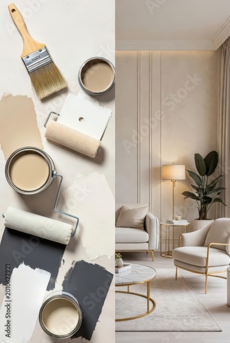 Interior design concept showcasing paint tools and a modern living space, ideal for home renovation marketing, decor inspiration, and branding materials.