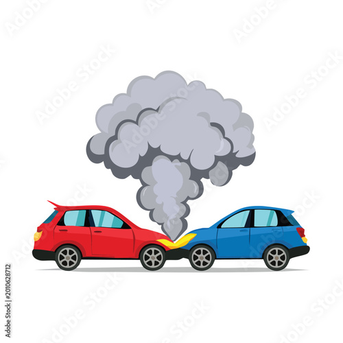 Car accident illustration red and blue vehicles collide with smoke