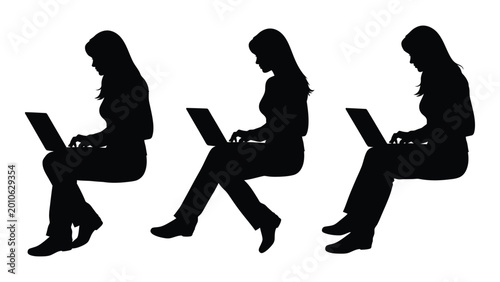 Vászonkép silhouette of three women using laptops in various seated positions isolated on