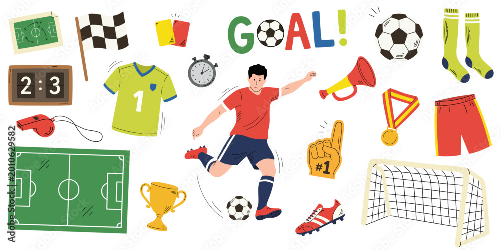 Naklejka premium Soccer elements in cartoon doodle style. Sports equipment, soccer ball, sport uniform, soccer shoes, ball, soccer field. Sport stickers, labels, icons