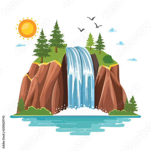 Cartoon waterfall scene with trees birds sun and lake isolated on white