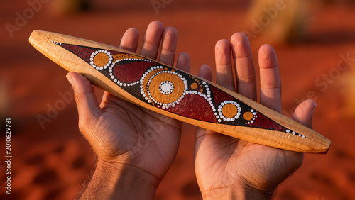 Hand holding a traditional Aboriginal boomerang with dot painting, Australian culture concept.