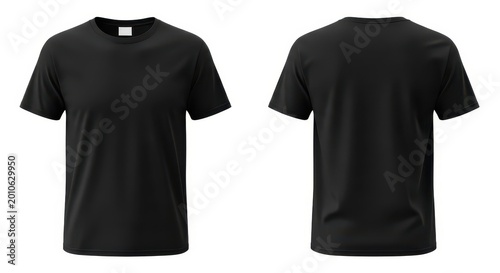 Front and back view of a plain black cotton t-shirt isolated on a white background