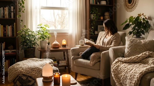 A woman relaxing in a cozy living room, reading a book by a sunlit window with plants and essential oil diffusers.
