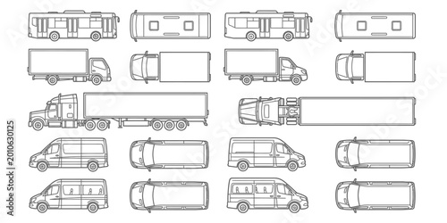 Fotografía Technical line drawing of buses and cargo trucks in top and side views on stock