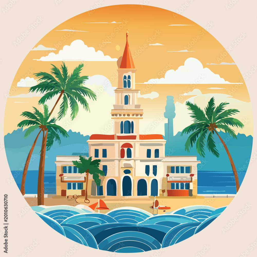 Obraz premium Coastal illustration of a building with palm trees and ocean scenery in a round frame