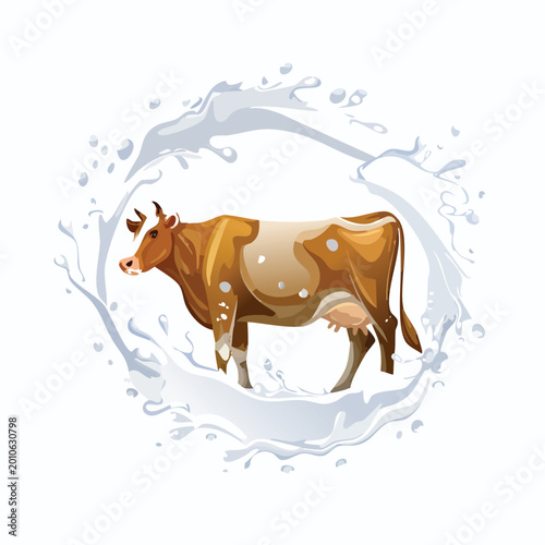 Cartoon cow illustration inside a splash of milk against a white background