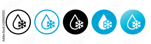Defrost Vector Icons Flat Collection on White Background. Frozen Snowflake and Drop Symbol on Line, Solid and Gradient Circle.