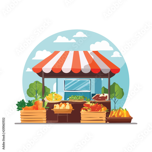 Colorful farmers market stand displaying fresh produce in vector illustration