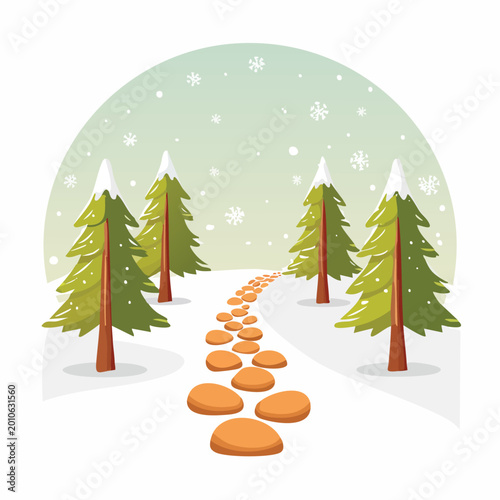 Cartoon path through snowy forest with stylized evergreen trees under winter sky