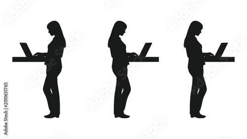 woman working on laptop silhouette series showing posture progression high quality professional