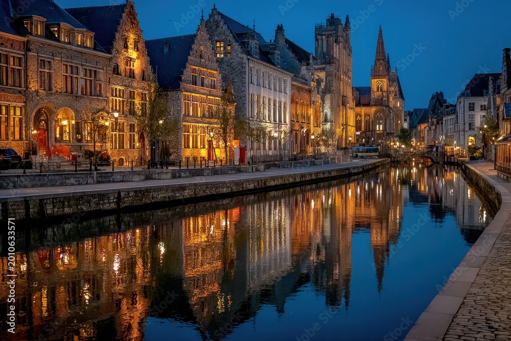 Fototapeta premium Ghent Nighttime Reflection In Canal Dramatic Belgium