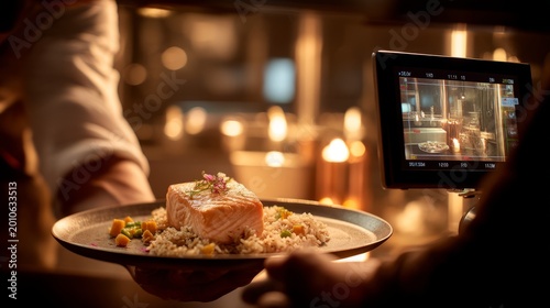 Chef presenting salmon dish on plate. Food videography production in restaurant kitchen. Professional filming of healthy high protein meal for content creation and culinary concept.